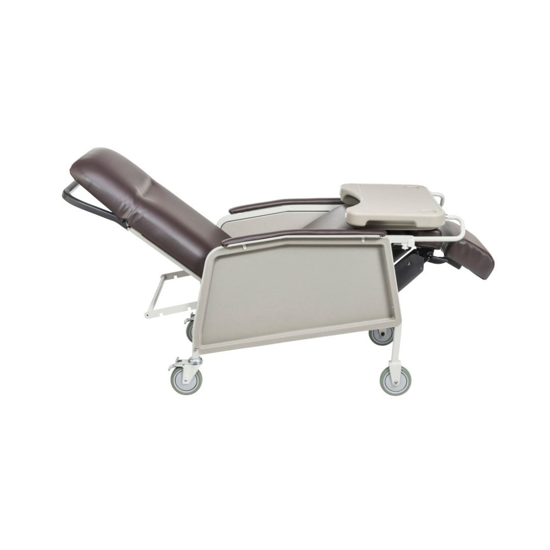 The Drive 3-Position Geri-Chair Recliner with Wheels features a brown and beige design, adjustable backrest, armrests, a foldable side tray, and is set against a white background.
