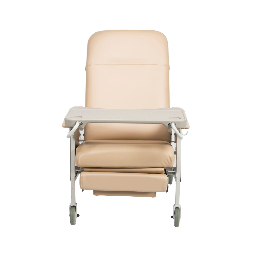 The Drive 3-Position Geri-Chair Recliner with Wheels is a beige medical chair featuring a padded seat, backrest, leg support, fixed armrests, and wheels—perfect for patient care comfort and easy mobility.