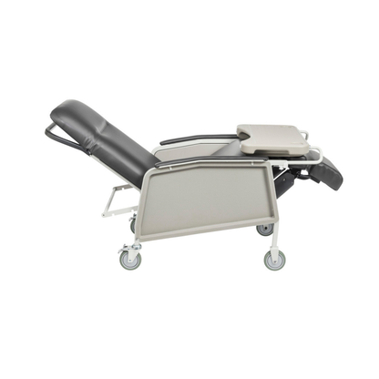 Side view of the Drive 3-Position Geri-Chair Recliner with Wheels in black, featuring an adjustable backrest and a foldable tray on one armrest, designed for patient comfort and mobility.