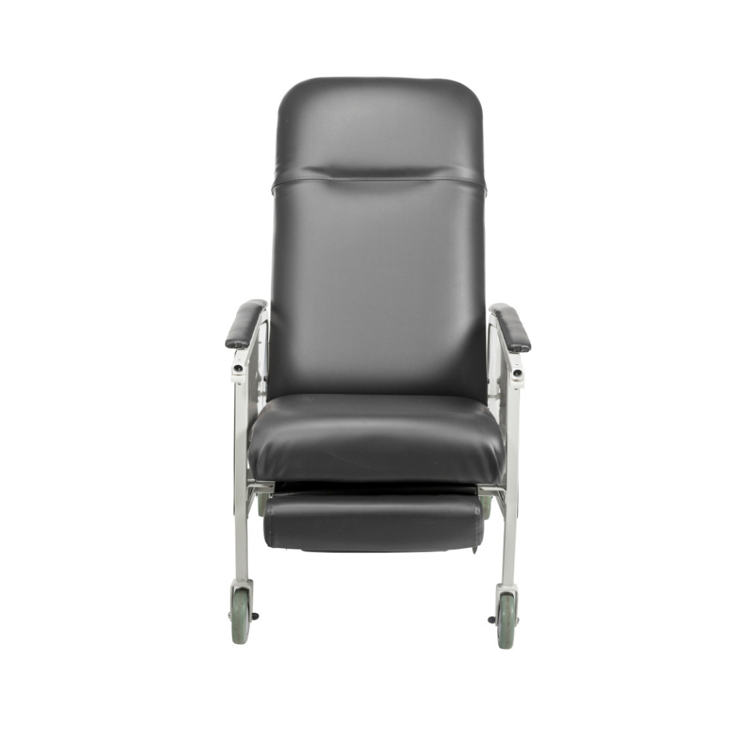 A Drive 3-Position Geri-Chair Recliner with Wheels, featuring black padding and armrests, is shown from the front against a plain white background.