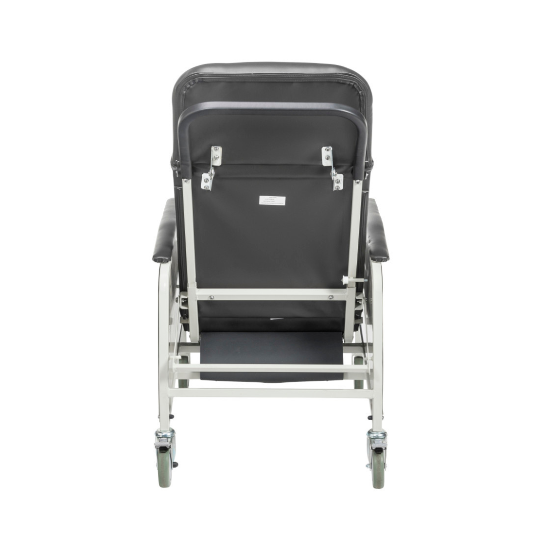 A rear view of the Drive 3-Position Geri-Chair Recliner with Wheels, featuring a black and metal frame, padded armrests, and rubber wheels, displayed against a white background.