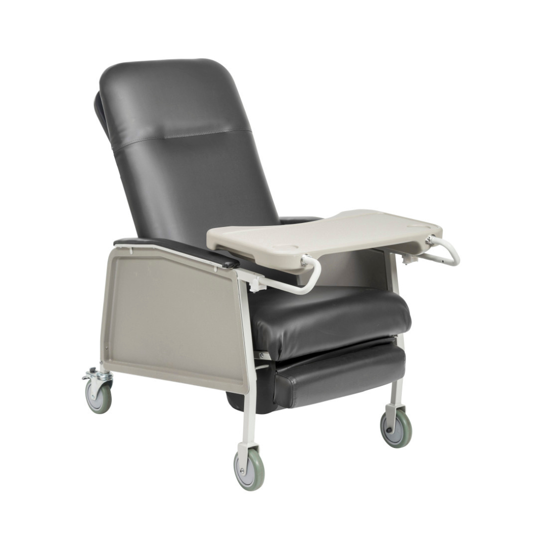 The Drive 3-Position Geri-Chair Recliner with Wheels offers a padded black seat and back, armrests, footrest, four wheels, and a front folding tray—ideal for patient care comfort and convenience.