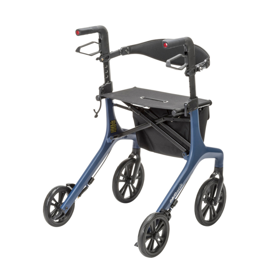 The Drive AeroWalk Ultra-Lite Rollator is a blue, ultra-lightweight walker featuring hand brakes, a black seat, and an under-seat storage pouch for convenient mobility support.