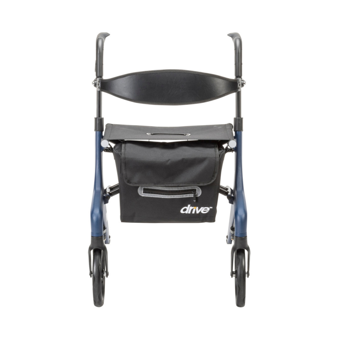 A front-facing view of the Drive AeroWalk Ultra-Lite Rollator in black and blue, featuring a seat, curved backrest, and a mobility support storage bag labeled "drive" attached below the seat.