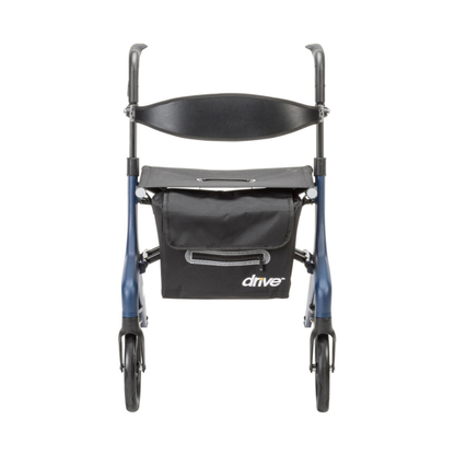 A front-facing view of the Drive AeroWalk Ultra-Lite Rollator in black and blue, featuring a seat, curved backrest, and a mobility support storage bag labeled "drive" attached below the seat.