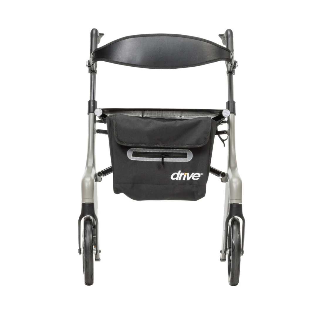 The Drive AeroWalk Ultra-Lite Rollator, shown in silver and black, features adjustable handles, four wheels, a padded backrest, and a black storage pouch labeled "drive" beneath the seat.