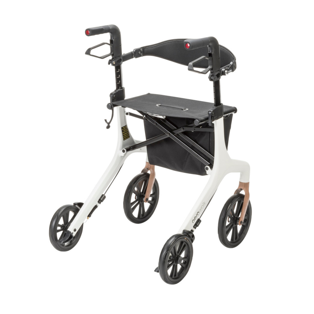 The Drive AeroWalk Ultra-Lite Rollator is a modern, lightweight walker with four black wheels, a black seat, adjustable handles, hand brakes, and an under-seat storage pouch for convenient mobility support.