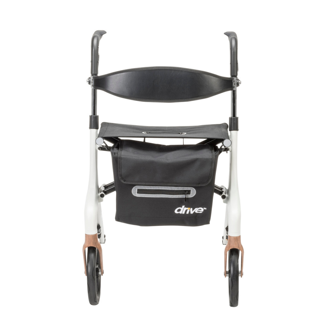 Front view of the Drive AeroWalk Ultra-Lite Rollator featuring adjustable handles, black fabric storage bag with "drive" label, two front wheels, and black handles for reliable mobility support.