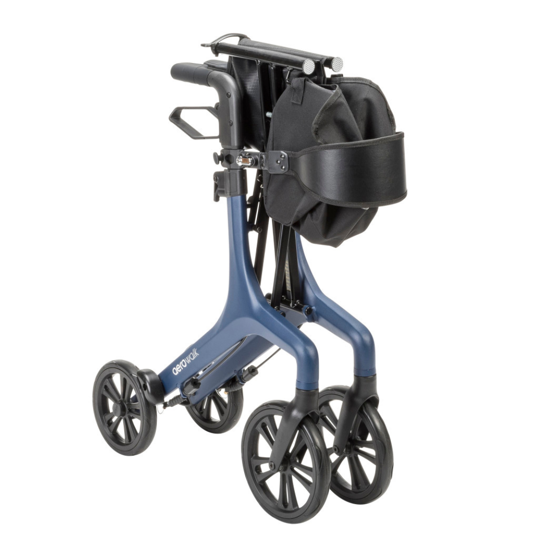 The Drive AeroWalk Ultra-Lite Rollator is a blue, ultra-light model with four large black wheels, adjustable black handles, a storage bag, and a strap for secure folding—ideal for easy mobility support.