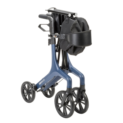 The Drive AeroWalk Ultra-Lite Rollator is a blue, ultra-light model with four large black wheels, adjustable black handles, a storage bag, and a strap for secure folding—ideal for easy mobility support.