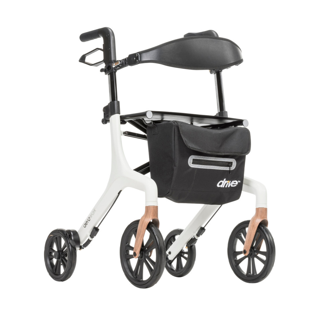 The Drive AeroWalk Ultra-Lite Rollator features a modern white and black frame, four black wheels, brown front leg accents, a black seat and backrest, adjustable handles, and a drive-labeled black storage bag on the front.