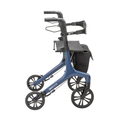The Drive AeroWalk Ultra-Lite Rollator, shown from the side on a white background, features a blue frame, four black wheels, ergonomic handles with hand brakes, a black seat, and an attached storage bag for reliable mobility support.