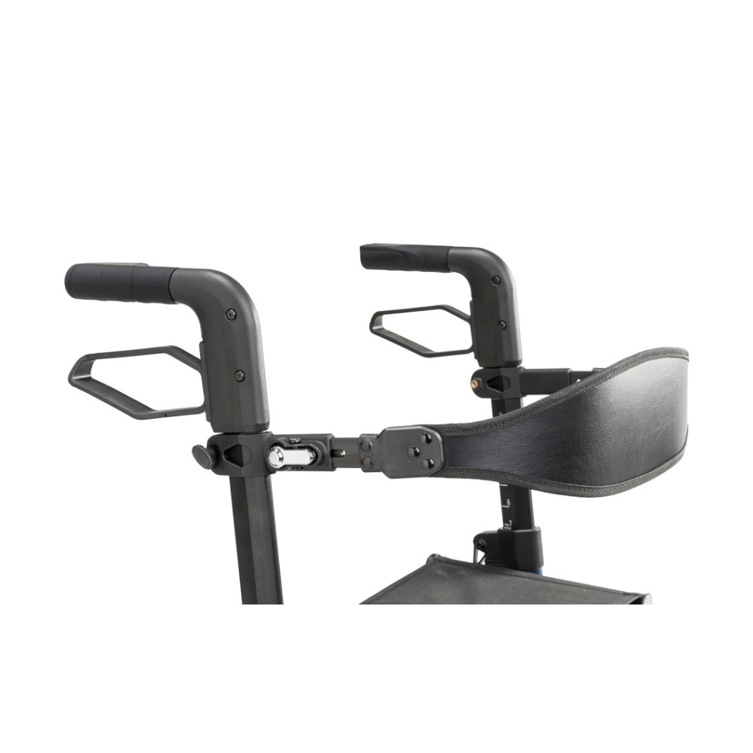 Close-up of the ergonomic handlebars and padded backrest on the Drive AeroWalk Ultra-Lite Rollator, featuring a sturdy frame and ultra-lightweight design for enhanced mobility support.