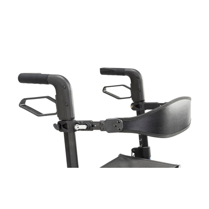 Close-up of the ergonomic handlebars and padded backrest on the Drive AeroWalk Ultra-Lite Rollator, featuring a sturdy frame and ultra-lightweight design for enhanced mobility support.