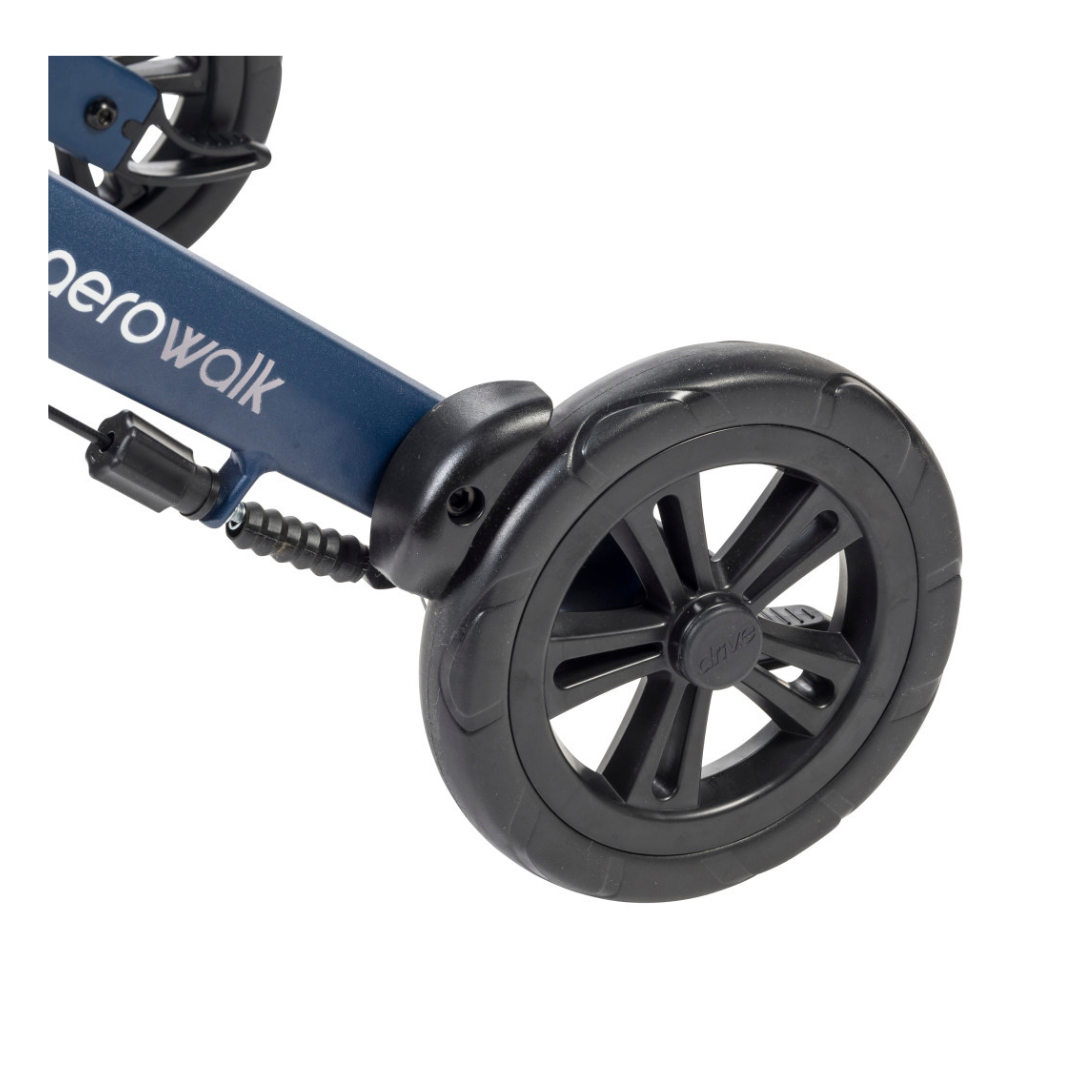 Close-up of a black plastic wheel attached to the blue metal frame of the Drive AeroWalk Ultra-Lite Rollator, with "perowalk" partially visible on the frame.