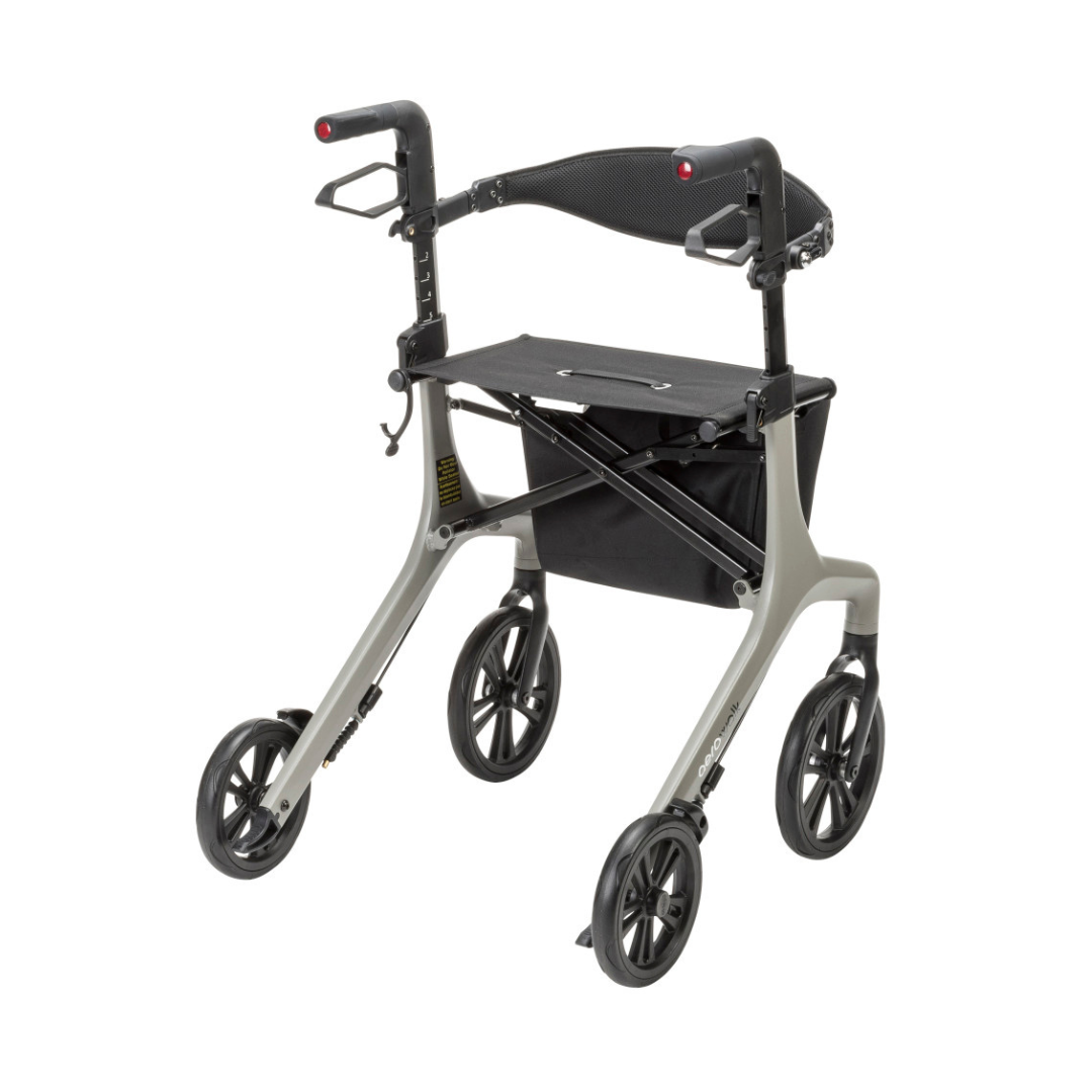 The Drive AeroWalk Ultra-Lite Rollator features adjustable handles, four large wheels, hand brakes, a black seat with a storage bag underneath, and a metallic gray frame with black accents for great mobility and convenience.