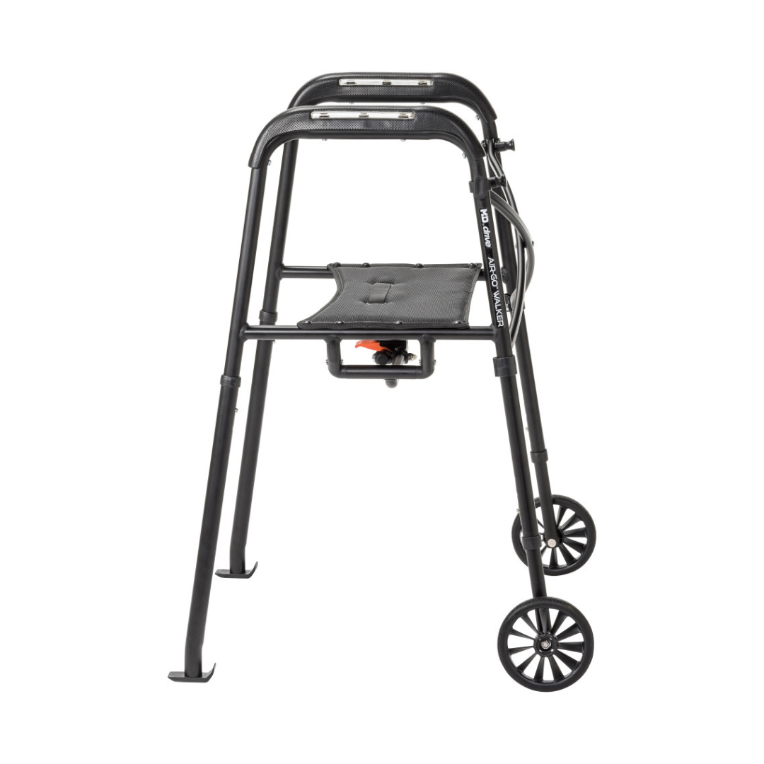 The Drive Air-Go Walker with Airgonomic™ Hand Comfort & Seat is a black folding rollator with four legs, two front wheels, cushioned hand grips, and a small center seat. Shown partially folded, it's designed for convenient mobility.