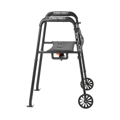 The Drive Air-Go Walker with Airgonomic™ Hand Comfort & Seat is a black folding rollator with four legs, two front wheels, cushioned hand grips, and a small center seat. Shown partially folded, it's designed for convenient mobility.