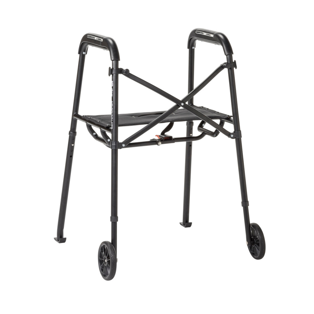 The Drive Air-Go Walker with Airgonomic™ Hand Comfort & Seat is a black folding mobility aid featuring two front wheels and cushioned grips, designed to support walking and enhance comfort for those needing assistance.