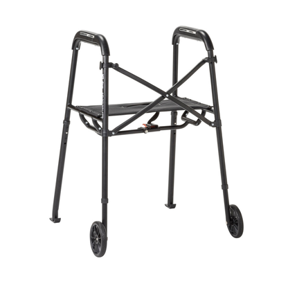 The Drive Air-Go Walker with Airgonomic™ Hand Comfort & Seat is a black folding mobility aid featuring two front wheels and cushioned grips, designed to support walking and enhance comfort for those needing assistance.