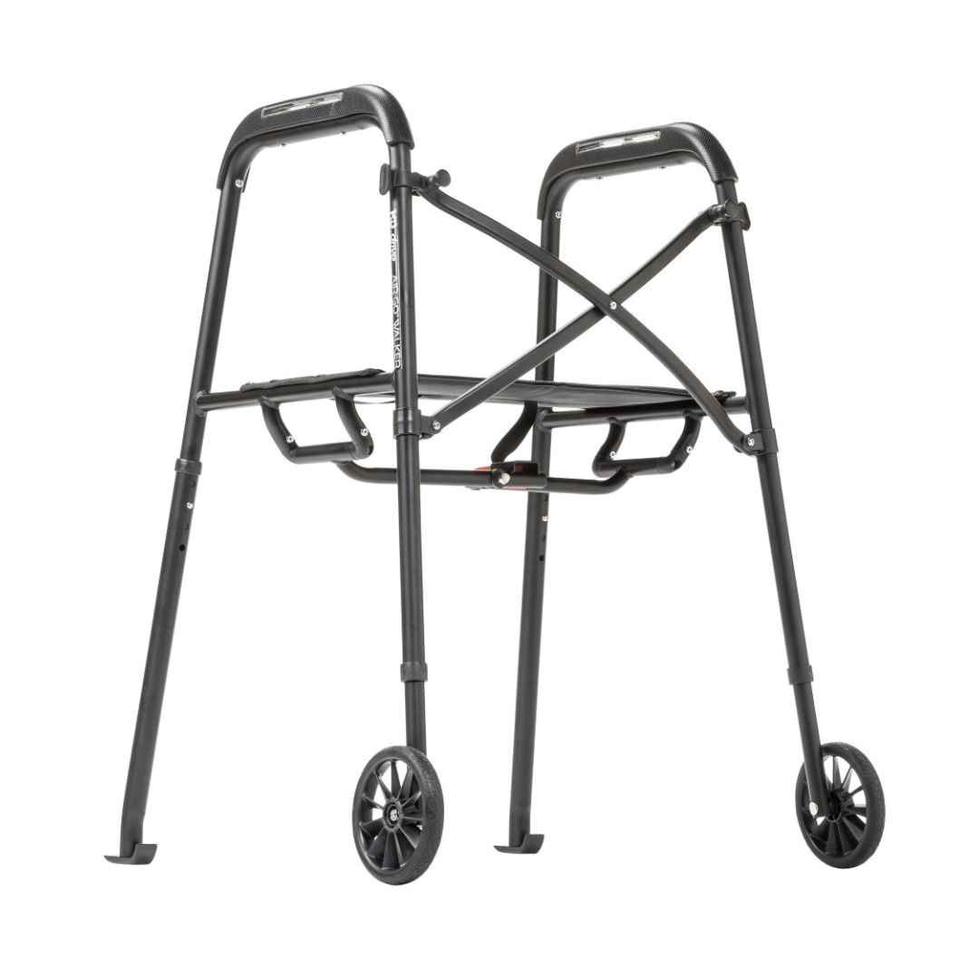 The Drive Air-Go Walker with Airgonomic™ Hand Comfort & Seat is a lightweight, foldable black walker with two front wheels, cushioned grips, and a crossbar for stability—offering comfortable and reliable support.