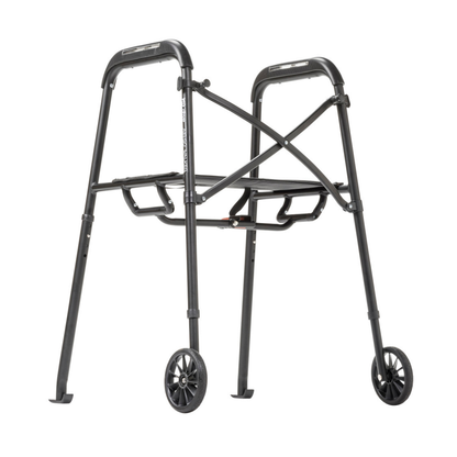 The Drive Air-Go Walker with Airgonomic™ Hand Comfort & Seat is a lightweight, foldable black walker with two front wheels, cushioned grips, and a crossbar for stability—offering comfortable and reliable support.