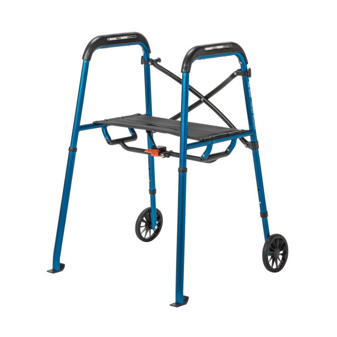 The Drive Air-Go Walker with Airgonomic™ Hand Comfort & Seat is a lightweight blue and black folding rollator with two front wheels, cushioned grips, and a built-in seat for comfortable, supportive mobility.