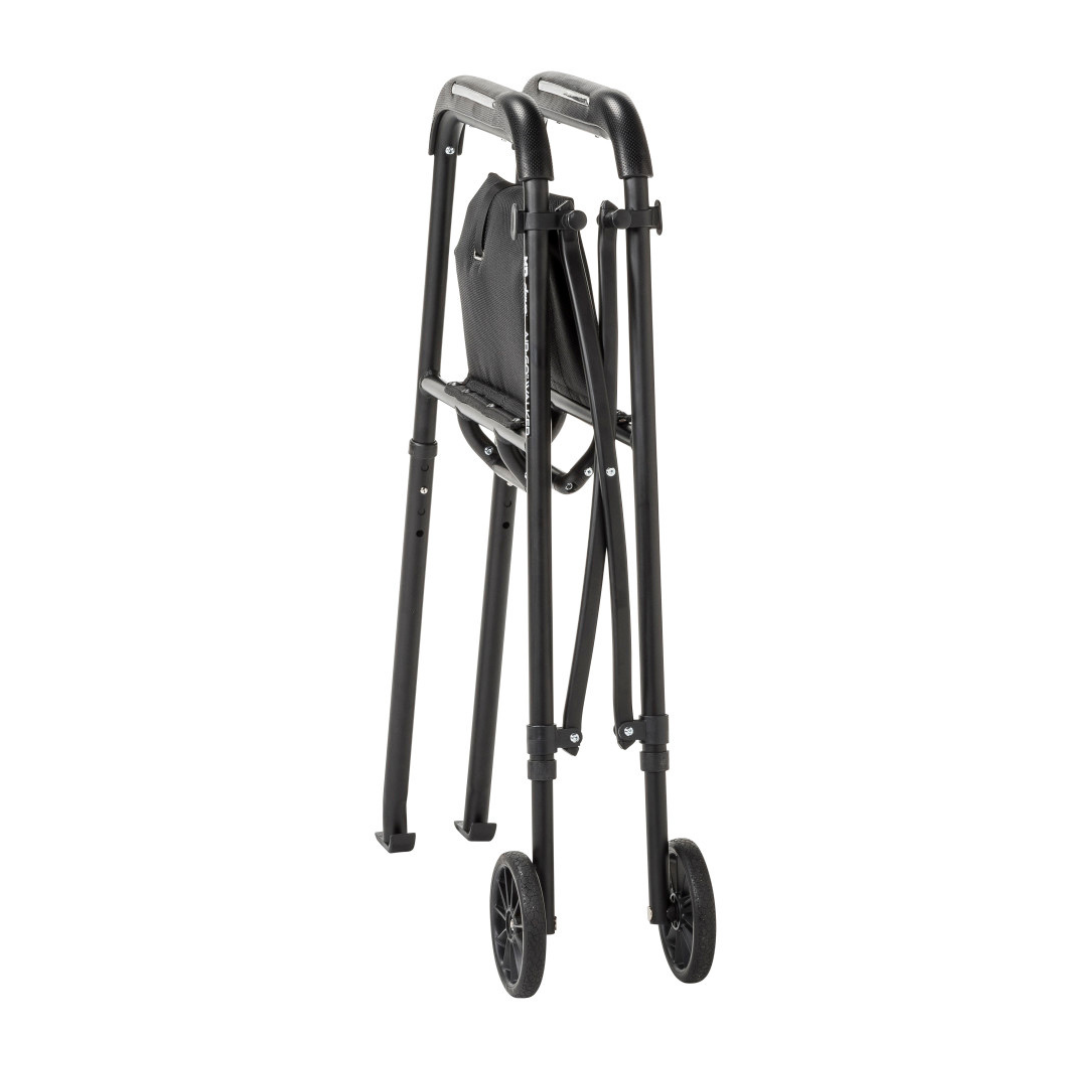The Drive Air-Go Walker with Airgonomic™ Hand Comfort & Seat is shown folded for easy storage or transport—featuring cushioned grips and wheels, it's a compact and convenient mobility solution.
