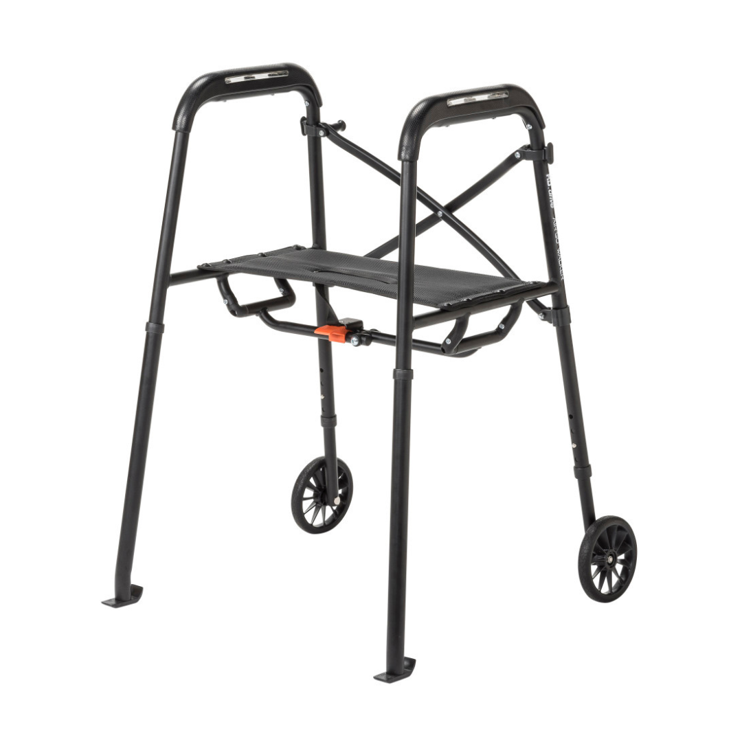 The Drive Air-Go Walker with Airgonomic™ Hand Comfort & Seat is a lightweight black folding walker featuring cushioned grips, two front wheels, rear gliding feet, and a built-in seat for comfort and support.