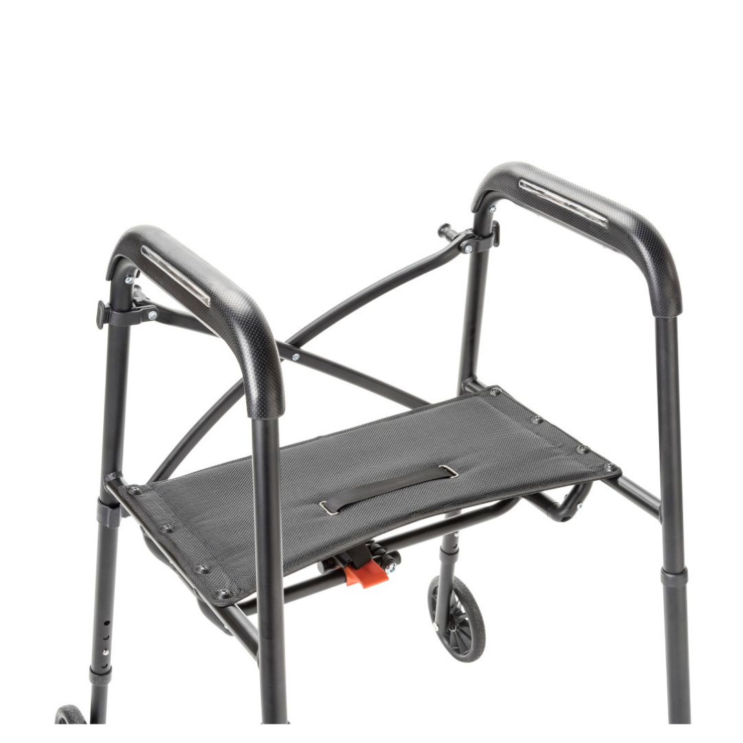 The Drive Air-Go Walker with Airgonomic™ Hand Comfort & Seat is a lightweight black rollator with four wheels, cushioned hand grips, and a fabric seat. The angled top-view image shows it on a white background.