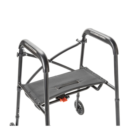 The Drive Air-Go Walker with Airgonomic™ Hand Comfort & Seat is a lightweight black rollator with four wheels, cushioned hand grips, and a fabric seat. The angled top-view image shows it on a white background.