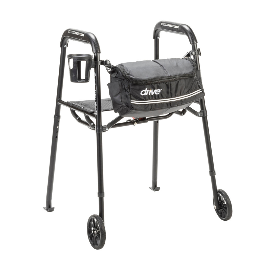 The Drive Air-Go Walker with Airgonomic™ Hand Comfort & Seat features cushioned grips, two front wheels, two rear legs, a black storage bag labeled "drive," and a side cup holder—an ideal mobility aid.