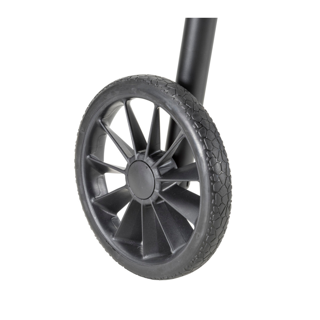 Close-up of a black plastic wheel with textured rubber tire from the Drive Air-Go Walker with Airgonomic™ Hand Comfort & Seat, attached to a black metal rod and shown against a white background.