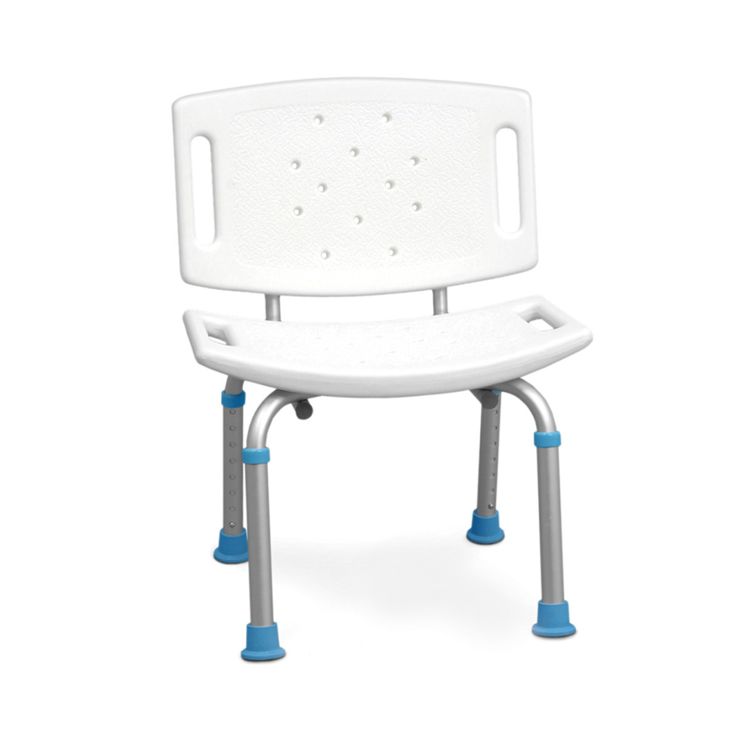 The Drive AquaSense Adjustable Bath Seat with Backrest features sturdy metal legs with blue rubber tips, convenient handles, and drainage holes for safety and comfort.