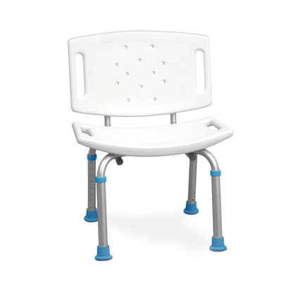 The Drive AquaSense Adjustable Bath Seat with Backrest features sturdy metal legs with blue rubber tips, convenient handles, and drainage holes for safety and comfort.