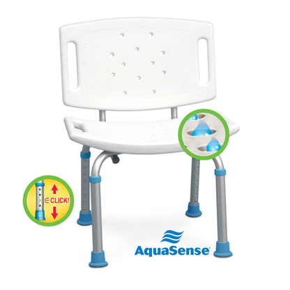 The Drive AquaSense Adjustable Bath Seat with Backrest features a white seat, adjustable aluminum legs, blue rubber feet, textured surface, cut-out handles for grip, water drainage holes, and customizable height for safe bathing.