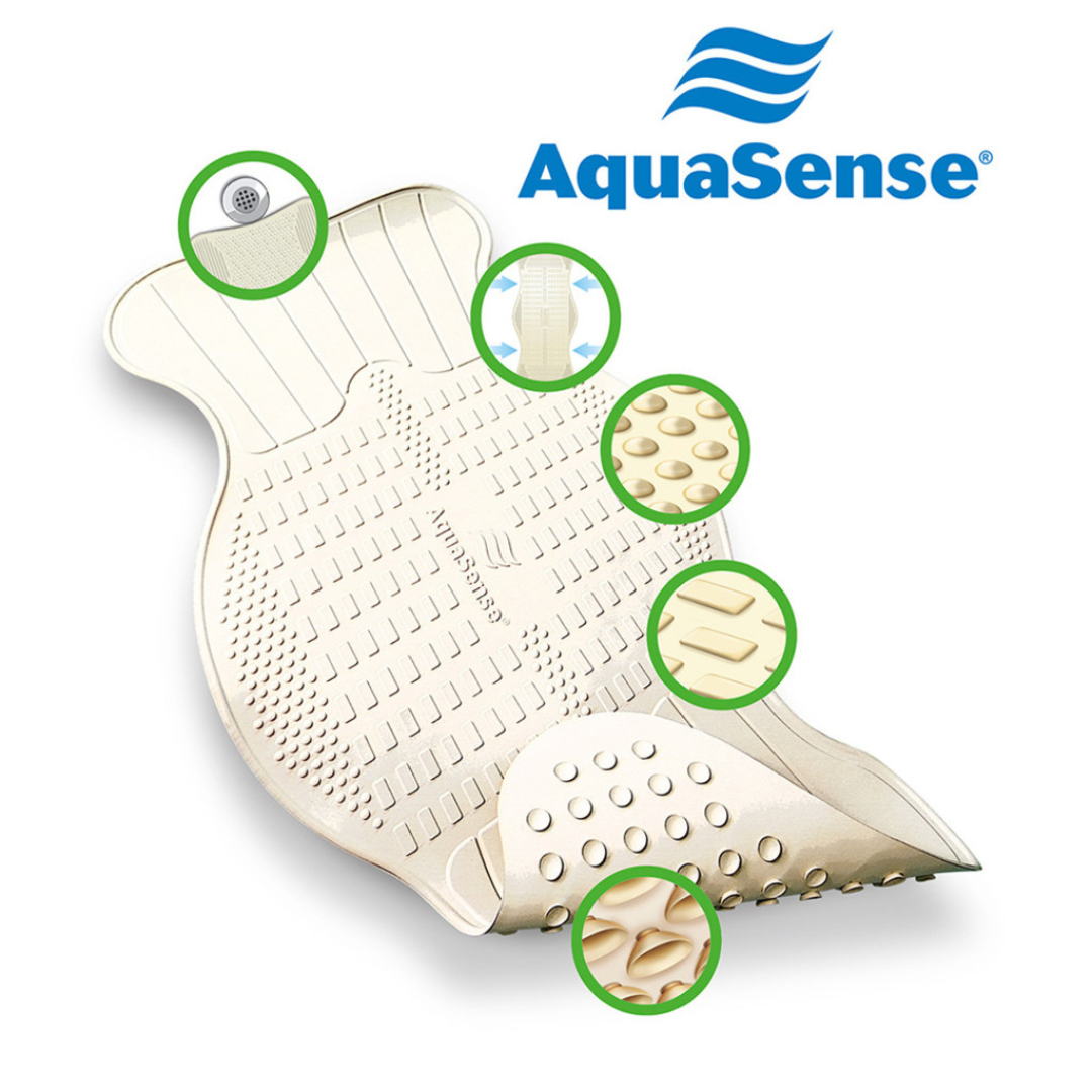 The Drive AquaSense Bath Mat - Contoured Regular Size in beige features suction cups, textured surfaces for bath safety, drainage holes, and displays the AquaSense logo with blue waves above the mat in detailed close-ups.