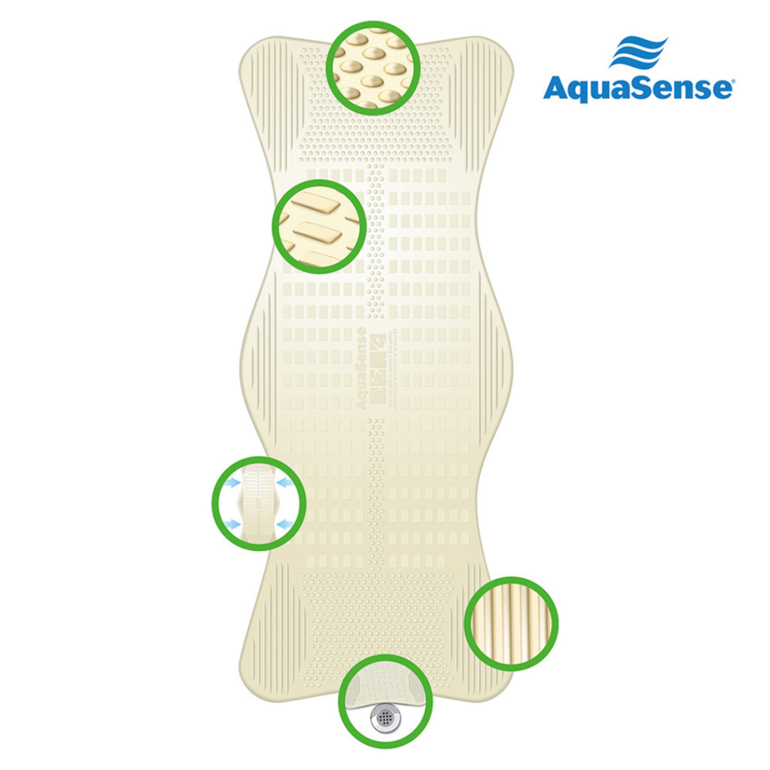 The Drive AquaSense Bath Mat - Contoured with Invigorating Massage Zones is a beige, full-length mat featuring textured, slip-resistant surface and green circles, plus the AquaSense logo with blue waves in the top right corner.