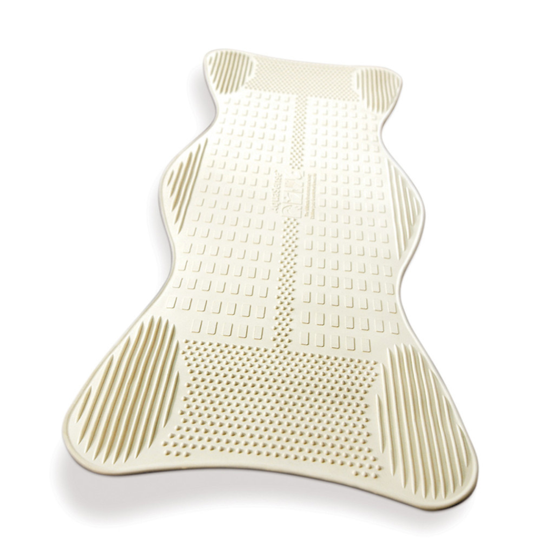 The Drive AquaSense Bath Mat features a cream-colored, contoured hourglass design with raised massage zones for comfort and improved slip resistance.