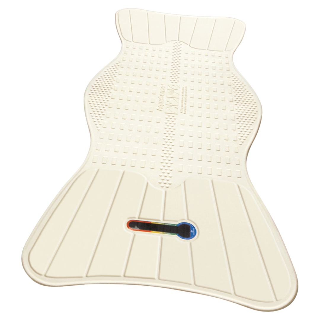 The Drive AquaSense Bath Mat is beige, fish-shaped, non-slip, contoured with textured surfaces and a rectangular cutout featuring a small built-in colored temperature indicator.