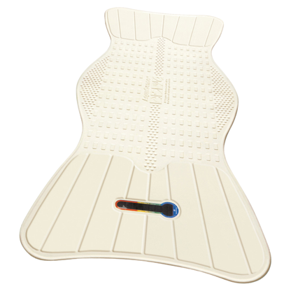 The Drive AquaSense Bath Mat is beige, fish-shaped, non-slip, contoured with textured surfaces and a rectangular cutout featuring a small built-in colored temperature indicator.
