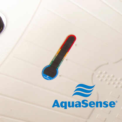 The Drive AquaSense Bath Mat - Contoured with Temperature Indicator features a non-slip surface and color-changing strip for bath safety. The blue wave AquaSense logo is in the bottom right corner.