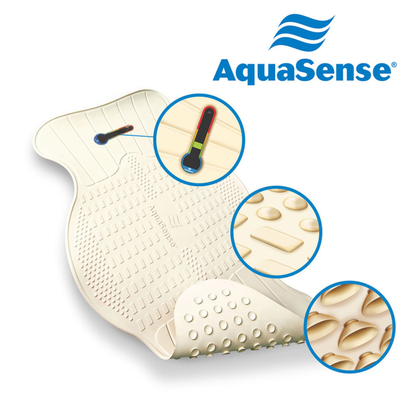 The Drive AquaSense Bath Mat - Contoured with Temperature Indicator is shown in detail, featuring textured surfaces, raised suction cups, and a temperature indicator; the AquaSense logo appears at the top with blue wavy lines.