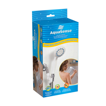 The Drive AquaSense Shower Spray, shown in blue packaging with a woman using the handheld head, offers bath safety, accessibility, three spray modes, and an extra-long hose for added convenience.