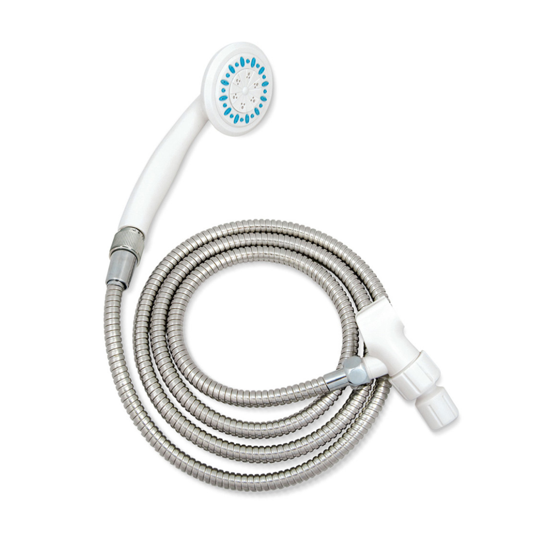 The Drive AquaSense Shower Spray is a handheld showerhead with a white plastic nozzle, blue accents, an extra-long hose, three spray modes, and a tool-free installation coupling.
