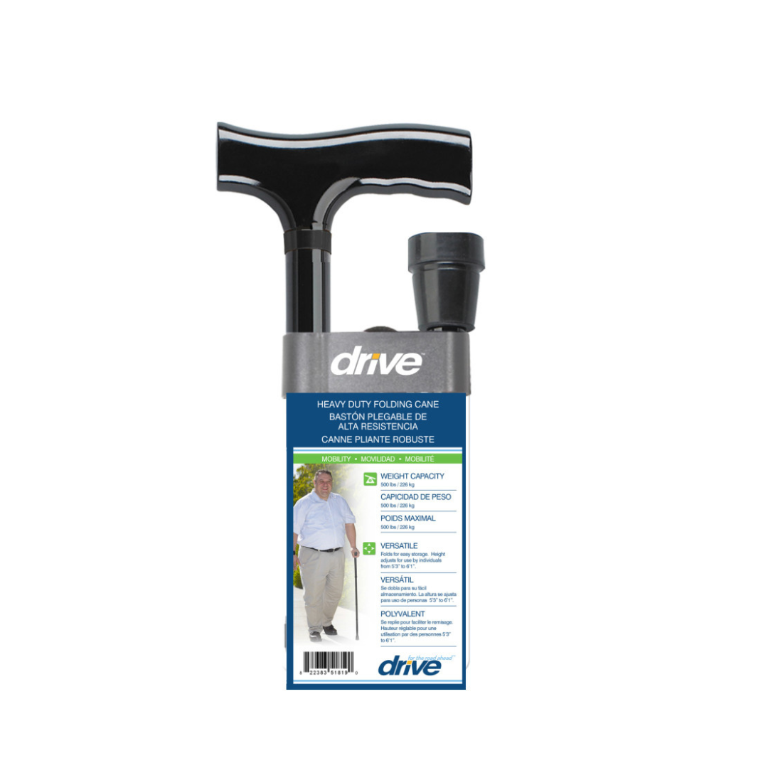 The Drive Bariatric Aluminum Folding Walking Cane is a black, heavy-duty support cane in packaging featuring an older man using the adjustable cane. The package highlights its weight capacity, versatility, and portability.