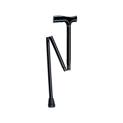 The Drive Bariatric Aluminum Folding Walking Cane, shown partially folded, features a black finish and T-shaped handle, displayed against a plain white background.