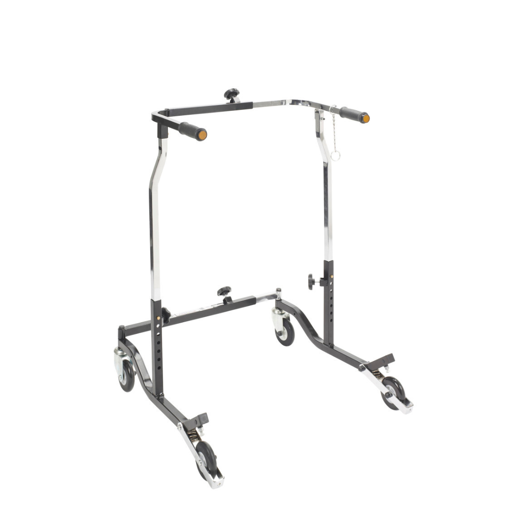 The Drive Bariatric Anterior Safety Roller is a black and silver adjustable mobility aid with four caster wheels and rubber hand grips. The product description, however, only includes CSS code and lacks actual product details.