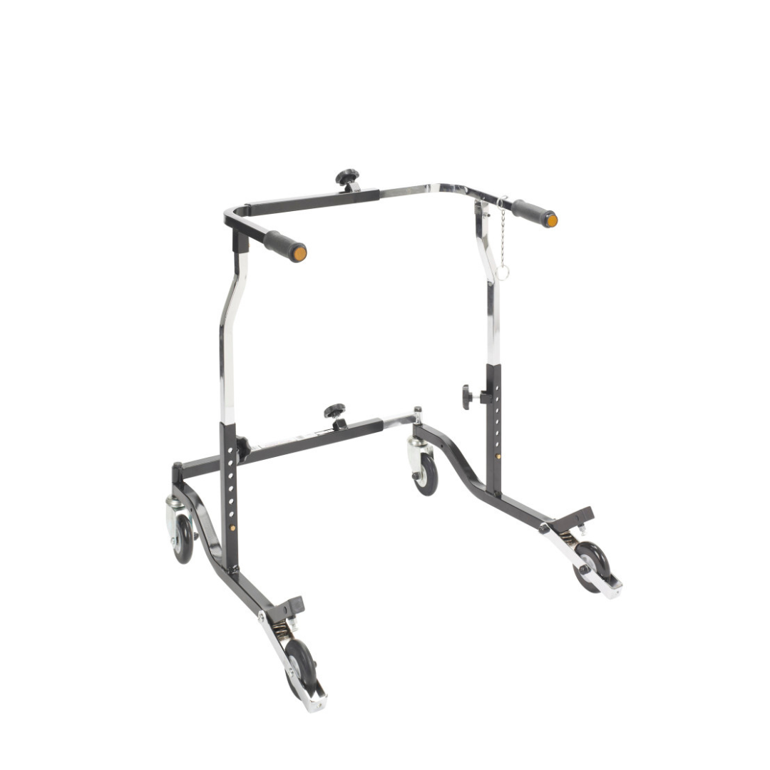 The Drive Bariatric Anterior Safety Roller features a durable black and silver metal frame with four caster wheels, adjustable handles, and a strong rectangular design for reliable mobility support.