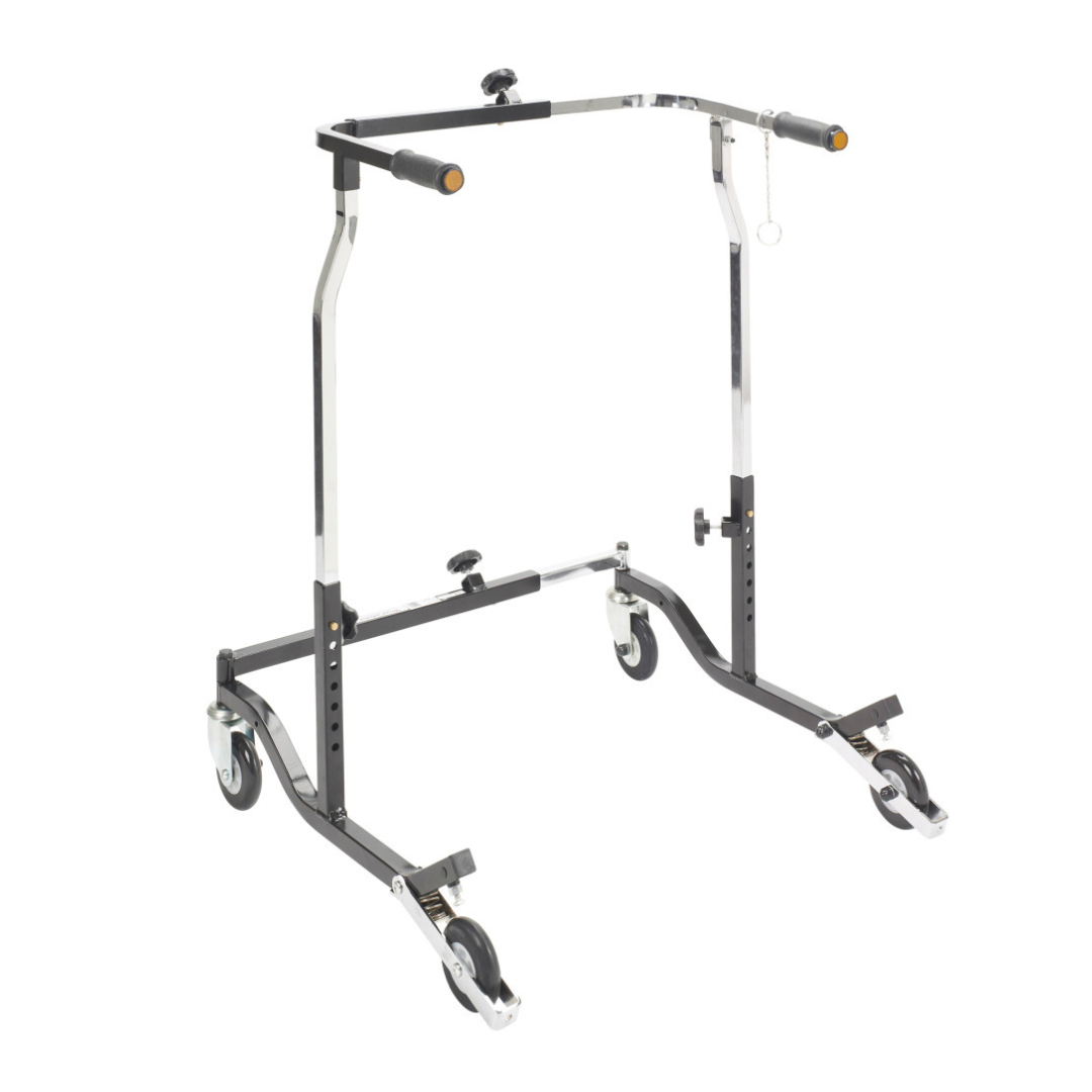 The Drive Bariatric Anterior Safety Roller is a black and silver adjustable walking frame with four wheels, padded handles, and a foldable design for enhanced mobility support.